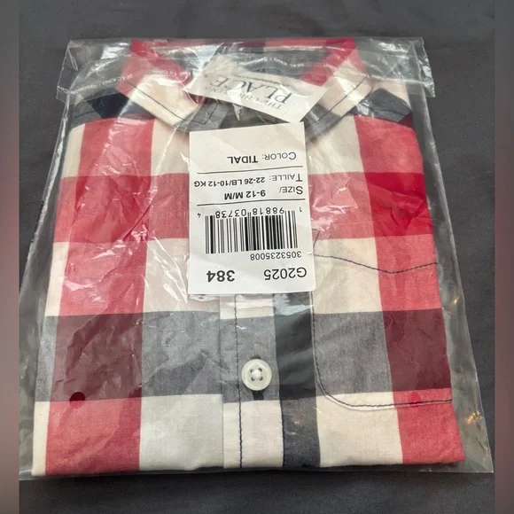 Kids Children’s Place Red and White Check Button-Up Shirt-Size 9-12 months - Picture 3 of 3
